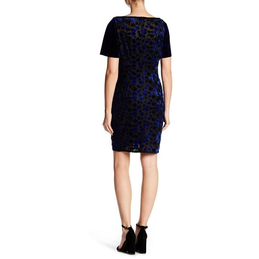 T Tahari Women's Blue Riley Floral Velvet Boat neck Burnout Dress Size L - Picture 5 of 12